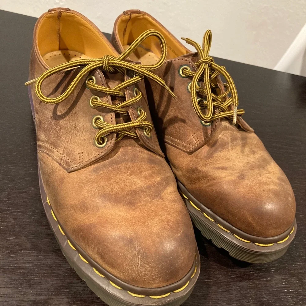Dr. Martens Brown Leather Derby Shoes with Yellow Stitching